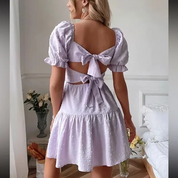 SHEIN Swiss dot tie back puff sleeve ruffle hem dress - Picture 5 of 7